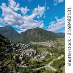 Small photo of Valtellina, Italy, aerial view of the villages of Ponchiera and Mossini with Bridge of Cassandre