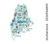Maine infographic cartoon hand drawn vector illustration. American state map isolated on light blue background. Maine travel routes, landmarks with city names lettering flat cliparts.