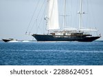 Small photo of Palma, Mallorca, Spain. 13th April 2023. Jeff Bezos' new sailing yacht "Koru", anchored in the bay of Palma de Mallorca.