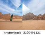 Maraya in AlUla, Saudi Arabia. Mirrored building in the middle of desert.