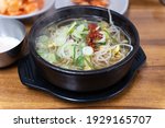 Close-up of Korean food, bean sprouts soup rice