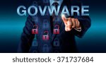 Small photo of Government executive is touching GOVWARE onscreen. Three unlocked padlock icons embedded within a hexagonal structure do signify an intercepted communications matrix on a target computer.