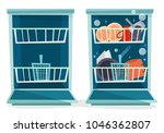 open dishwasher with dishes.... | Shutterstock .eps vector #1046362807