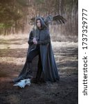 Small photo of Art photo of a warlike youth in a woolen coat with a large owl on his shoulder and a sword in his hands
