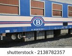 Small photo of Spontin, Belgium - March 9. 2022: View on ancient historical train wagon on sidetrack with logo lettering of belgian national railway company