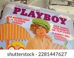 Small photo of Viersen, Germany - March 9. 2023: Front cover of american issue playboy magazine from 1974 (focus on center)