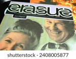 Small photo of Viersen, Germany - May 9. 2023: Closeup of synth pop duo Erasure vinyl record maxi single cover Am I right from 1991 (focus on center of upper big lettering)