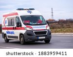 Ambulance. Special medical vehicles. Ambulance van on road. Ambulance service van on street.