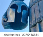Small photo of Close up , shot of bronze statue helmet of Phillip II The Macedon. Detail. Macedonian warrior. Blue sky. 10. 14 . 2023. Thessaloniki Greece.