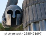 Small photo of Close up shot, of bronze statue helmet of Philip II The Macedon. Detail. Macedonian warrior and king. 10.14. 2023 Thessaloniki Greece