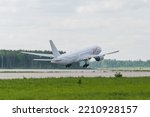 Small photo of White passenger jet plane of VIM AVIA takes off from Domodedovo Airport - DME. Commercial passenger air transportation. Moscow, Russia - May 30, 2014