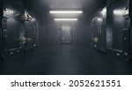 Secret room in an underground bunker. Cells behind heavy steel doors 3D illustration