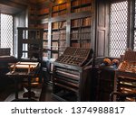 Small photo of Chethamâ€™s Library Manchester 12 August 2014. Old fashioned printing equipment showing the press and storage box for the upper and lower case type.