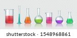 Laboratory equipment. Realistic 3D glass tubes, flask, beaker and other chemical and medicine lab measuring equipment. Vector illustration testing equipments set for science experiments or measuring