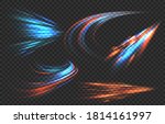 Light motion trails. High speed motion blurred light effects at night in blue and red colors. Futuristic abstract flash perspective, glowing road light streaks from long time exposure,  vector set on transparent background