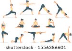 Set of slim sportive young woman doing yoga & fitness exercises. Healthy lifestyle. Collection of female cartoon characters demonstrating various yoga positions isolated on white background - Vector 