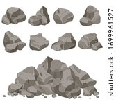 Set of stones of various shapes. Rocks and debris of the mountain. Huge block of stones. Vector illustration EPS10