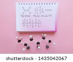 Small photo of Polyvinyl chloride (PVC) and vinyl chloride monomer molecule. Structural chemical formula and molecular structure model. Black=C, gray=Cl, white=H. Used in production of pipes, window frames, etc.