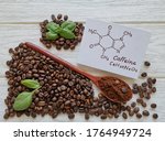 Structural chemical formula of caffeine molecule with roasted coffee beans and wooden spoon filled with coffee powder. Caffeine is a central nervous system stimulant, psychoactive drug molecule.