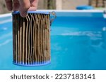 Dirty Replacement Pool Filter Cartridge in a woman's hand on the pool background. Substances that got into the filter.