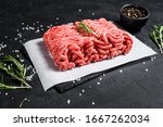 Raw minced pork. Black background. Top view. Space for text