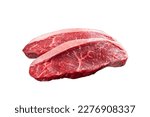 Top sirloin beef steak or brazilian Picanha, raw meat on butcher cleaver. Isolated on white background.