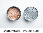 Canned Albacore Wild Tuna set, in tin can, on white background, top view flat lay