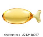 Close up single fish oil supplement fish shape capsule, fish oil is a fat obtained from the parts of high-fat fish and contains omega-3 fatty acids, isolated on white background.