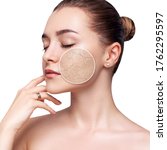 Small photo of Young woman with zoom circle shows dry facial skin before moistening. Skincare concept.