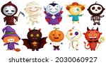 Set of cute characters in Halloween costumes. Cartoon Count Dracula, Witch, Pumpkin, Voodoo Doll, Egyptian Mummy, Bat Mouse, Dead Man, Vkelet, Garden Scarecrow, Scarecrow. Funny Costumed Men for Day o