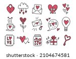 Outline doodle love theme set, romance, February 14, Valentine