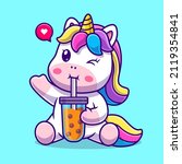 Cute Unicorn Drink Boba Milk...