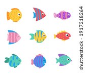 Isolated cute sea fish. Set of freshwater aquarium cartoon fish for print, children development. Varieties of decorative colored fish, flat geometric fish design