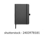 Black leather notebook mockup with elastic isolated on white background. Top view, Clipping path