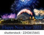 Sydney Harbour Bridge New Years Eve fireworks 2023, colourful NYE fire works lighting the night skies with vivid multi colours NSW Australia. Happy New Year Sydney fireworks