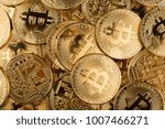horizontal top view pile of many golden bitcoins background texture