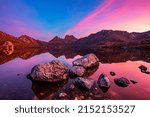 Beautiful sunset  over Dove Lake  and Cradle Mountain. Cradle Mountain Lake St Clair National Park. Central Highlands of Tasmania, Australia.