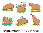 Set Of Cute Capybaras Isolated...