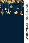 Small photo of merry Christmas decoration golden star bell bauble and tinsel on navy luxury blue vertical background.banner mockup space for display of product or design for winter holiday.ratio 16:9