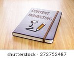 Brown notebook with Content marketing word and pencil with speaker icon on wood table, Technology concept
