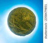 over the valley of the mountain river of the Western Caucasus - a minor planet aerial 360 panorama view on a cloudless summer day