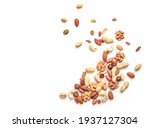 Mixed nuts isolated on white background. Top view. Copy space.