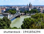 Landscape with old historical Széchenyi Chain Bridge over Danube and clear blue sky in Budapest city, Hungary, in a sunny summer day