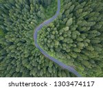 Top aerial view of summer mountain landscape with trees and road. Dolomites, Italy. 
Aerial view of a road in the middle of the forest.