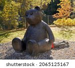 Small photo of JEVNAKER, NORWAY - Sep 25, 2021: The Teddy - Beast of the Hedonic Treadmill sculpture by Fredrik Raddum in Jevnaker, Norway