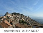 Small photo of A Panoramic view of Patrica on top of the hill, a village in the mountains of the Lazio region, Italy