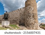Small photo of SINES, PORTUGAL - May 04, 2022: A low angle of the Statue of Vasco da Gama and the Castle of Sines, Portugal