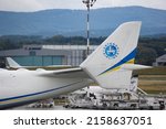 Small photo of BASEL, SWITZERLAND - Jun 29, 2013: A view of the Antonov AN-225 Mirya strategic airlift departing in the Euroairport