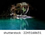 A beautiful shot of a cave of Two Eyes Cenote in Tulum Mexico