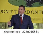 Small photo of OVIEDO, UNITED STATES - Aug 25, 2022: A closeup shot of Ron DeSantis during a political speech in Oviedo, FL